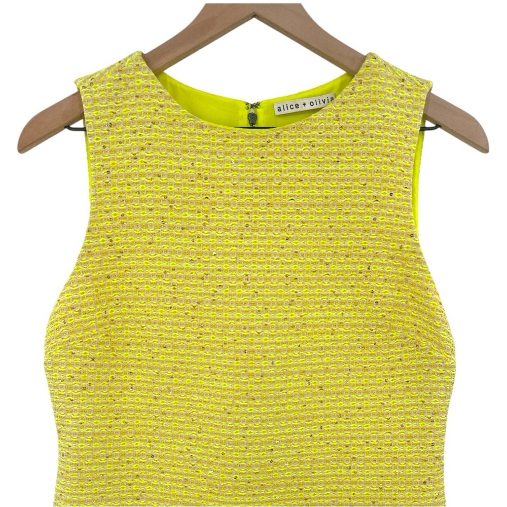 ALICE + OLIVIA Clyde Sequin Embellished Tweed Shift Dress -Neon Yellow -Size 4 - Picture 5 of 10